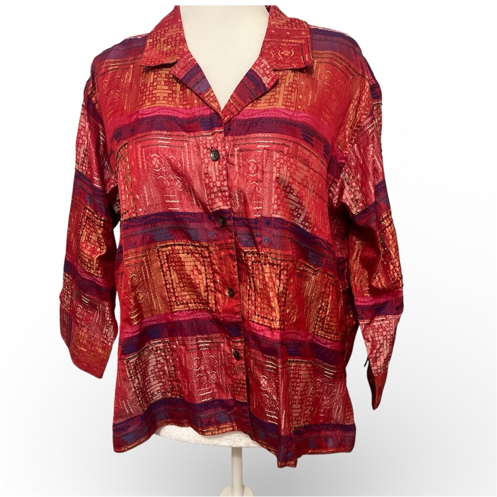 Chico’s Patchwork Button Front Top Size 3 (XL) Red Purple Metallic 90s